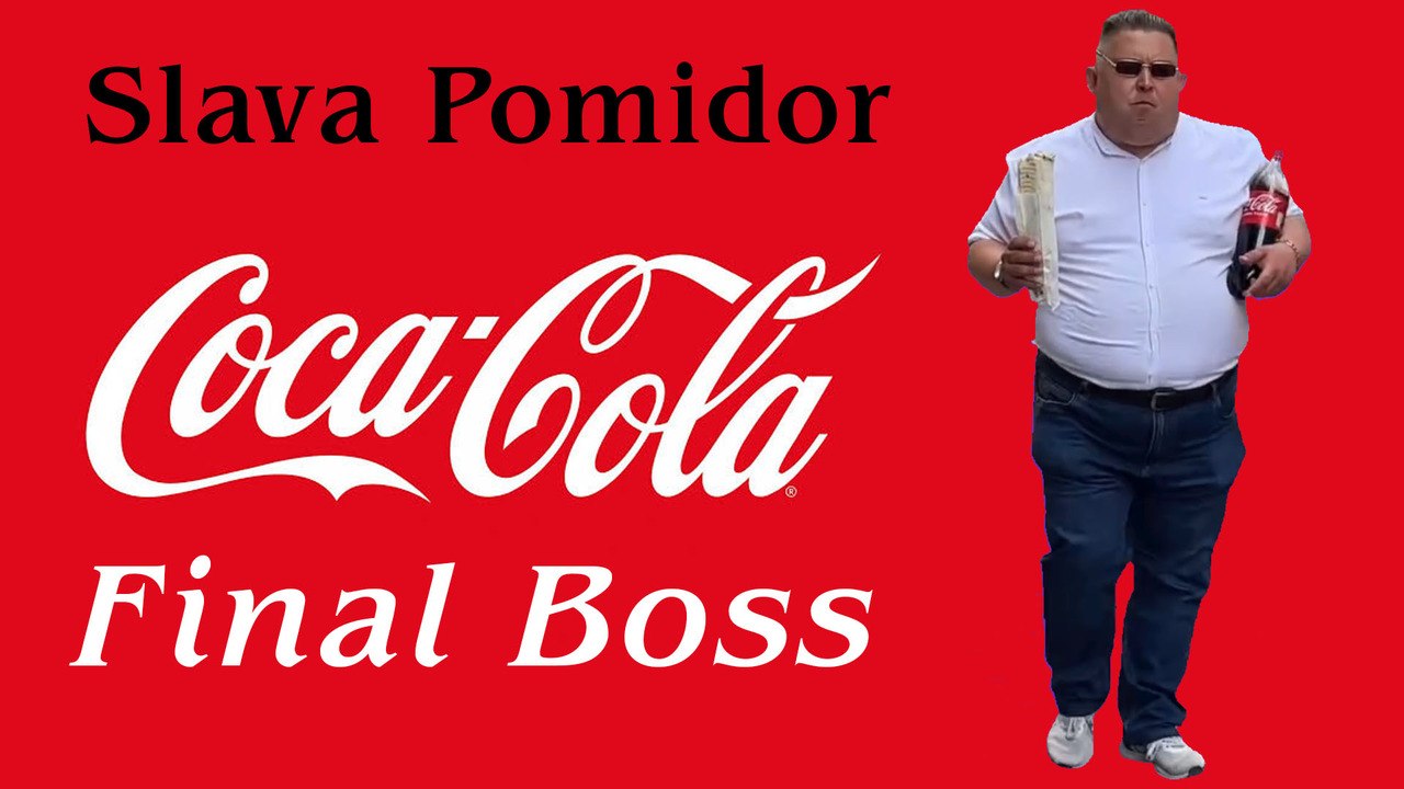 Slava Pomidor raising a Coca-Cola bottle like a trophy